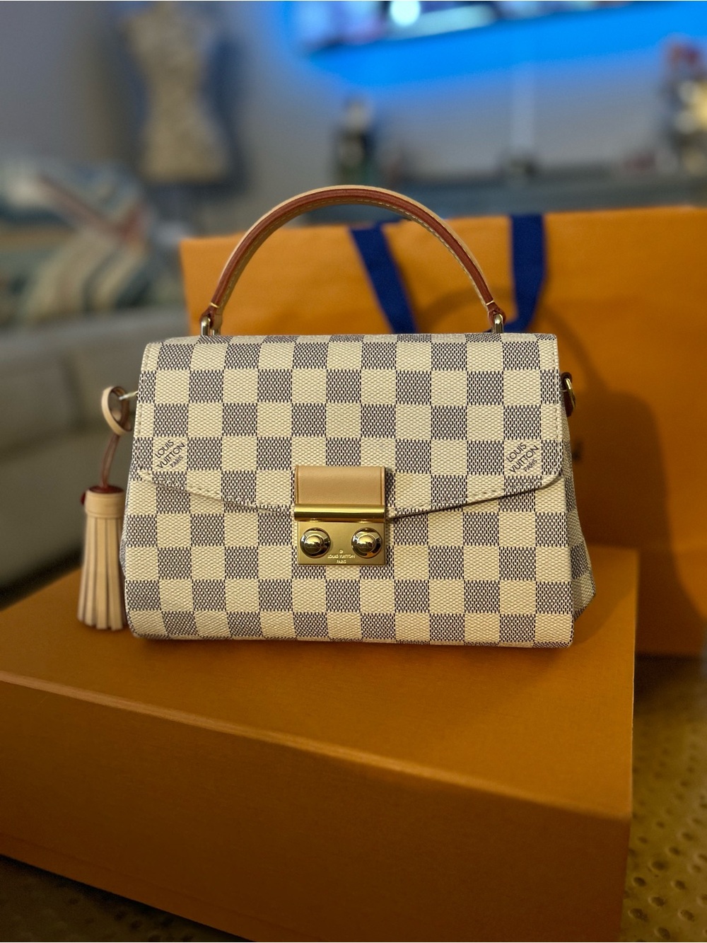 Cream Checkered Top-Handle Satchel with Gold-Tone Lock